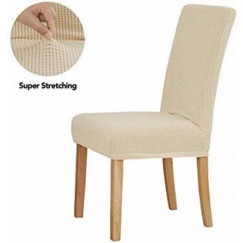 Soft Beige Dining Chair Seat Covers – 6 Piece Elastic Slipcover Collection