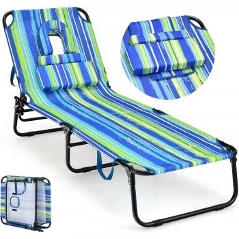 Chaise longue ajustable GOPLUS 5 niveaux, transat extérieur à visages & 3 coussins amovibles – charge maximale 160 kg