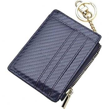 Ehsbuy Slim Credit Card Holder Wallet RFID Blocking Leather Zipper Coin Purse Keychain Wallet (Carbon Fiber Leather Darkblue)