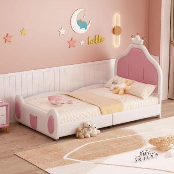 Hauss Spole – Lit simple pour enfant (90×200 cm), tête de lit couronne, finition cuir artificiel bicolore blanc