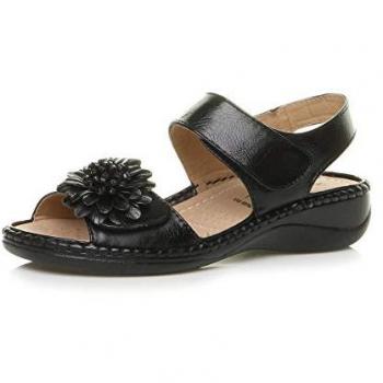 AJVANI Faux Leather Low Wedge Sandals with Floral Detail – Size 8
