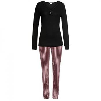 LASCANA Damen Pyjama Bordeaux-Schwarz-Gestreift Gr.36/38