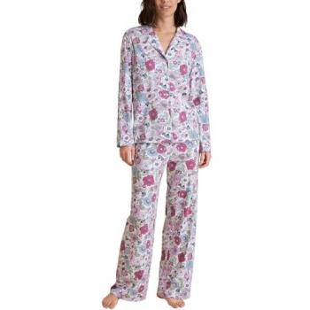 CALIDA Damen Pyjama mit Knöpfen, Frühlingsblüten, XS, Violett, aus Supima®-Baumwolle