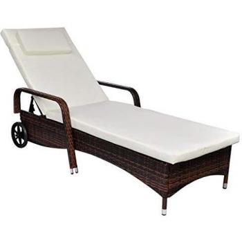 Chaise longue avec coussin 2 roues marron résine tressée