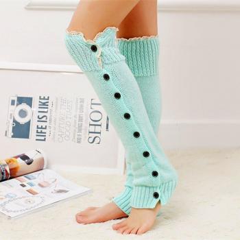 Winter Crochet Knit Button Lace Trim Knee Warmers for Girls