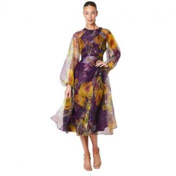Coastal Women’s Organza Midi Dress: Purple, Wrap Waist, Puff Sleeves – 8
