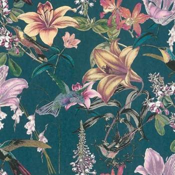 Papier peint floral mat bleu pétrole orange jaune rose 5,33 m2