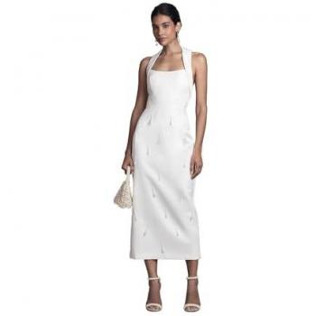 Satin Halter Midi Bridal Gown – Pearl Accent