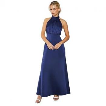 Oasis Petite Satin Halter Bias Cut Maxi Bridesmaids Dress Navy 14