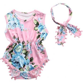 Traje Infantil Verano Mameluco Sin Mangas con Borlas y Diadema para Niñas 0-24M