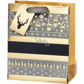 BSB Papírová taška na dárky 23 x 19 x 9 cm Zlatá Vánoční se soby a stromy VDT 445 A5
