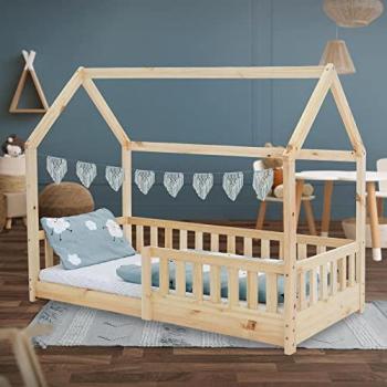 Lit d'Enfant en Bois de Pin Massif Naturel 160x80 cm, Protection Contre les Chutes, Toit et Sommier á Lattes, Lit de Maison pour