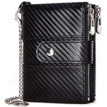 Leather Wallet for Men – Chain, RFID Block, Zippered Bifold, Black, Card & Coin Pockets
