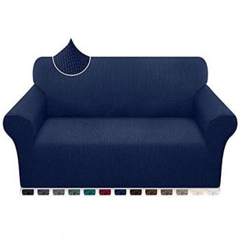 Luxurlife High Stretch Sofa Covers 2 Seater Super Soft Loveseat Cover Upgraded Modern Sofa Slipcover for Dogs Pets Furniture Protector With Elastic Bottom (Navy Blue)