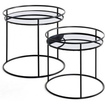 Lot de 2 tables d'appoint en verre et acier laqué noir HAKU