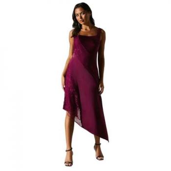 Satin Berry Lace Wedding Guest Midi Dress – Coast, Asymmetrical Hem
