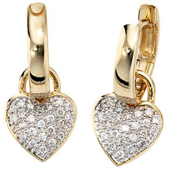 Creolen Herz aus 14 Karat 585 Gelbgold 48 Diamanten 0,25 ct. Ohrringe 21,1 mm