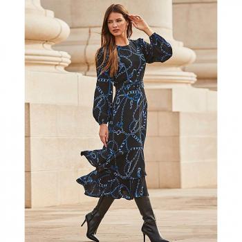 Sosandar Chain‑Printed Ruffle Flared Dress, Size 10