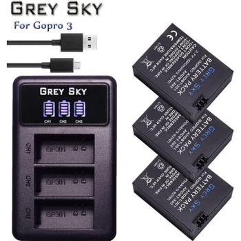 Batteries 1600 mAh Hero 3 – pack 3 pièces, chargeur USB double + lampe LED